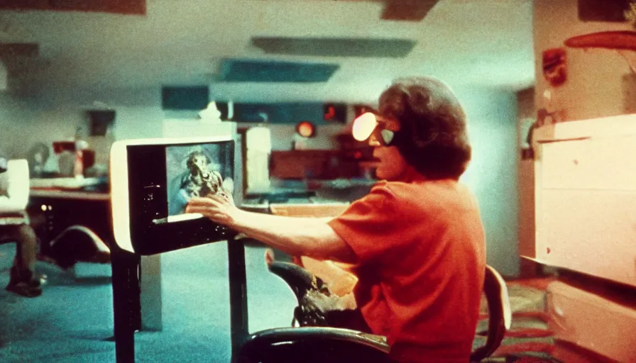 Prompt: 7 0 s film still from a horror movie about sad eldery people playing videogames, kodachrome, cinecolor, cinestill, film grain, film texture, retro, cinematic, high resolution, photorealism,