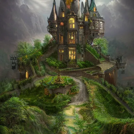 Image similar to a hyperrealistic digital matte painting of a verdant fantasy countryside, very far royal steampunk castle, highly detailed, trending on artstation