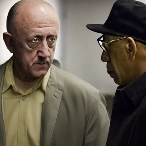 Prompt: mike Ehrmantraut Beating Gustav Fring