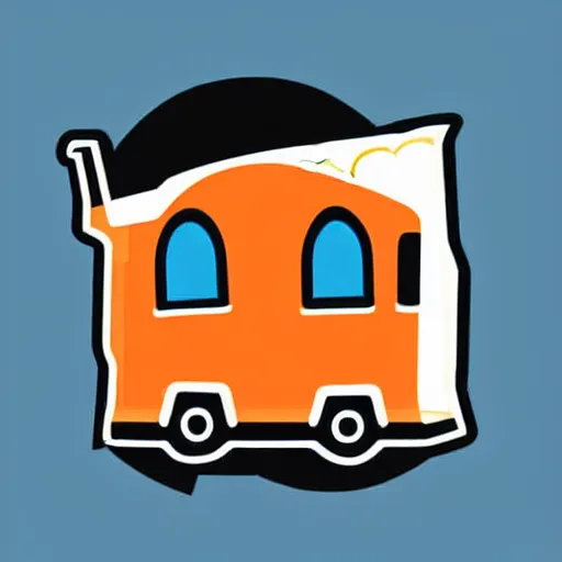 Prompt: vector art of a white and black cute thor chateau! motorhome camper!!, highway, mountains and colorful sunset!!, very very happy, stylish, warm colors, minimal vector art sticker!! by tom whalen