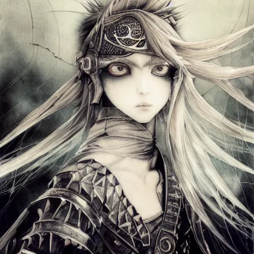 Prompt: Yoshitaka Amano blurred and dreamy illustration of an anime girl with pirate eye patch, wavy white hair and cracks on her face wearing Elden ring armour with the cape fluttering in the wind, abstract black and white patterns on the background, noisy film grain effect, highly detailed, Renaissance oil painting, weird portrait angle