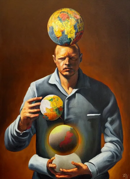 Image similar to a painting of a man holding a globe in his hands, a surrealist painting by Szymon Kot, deviantart, metaphysical painting, oil on canvas, surrealist, dystopian art,