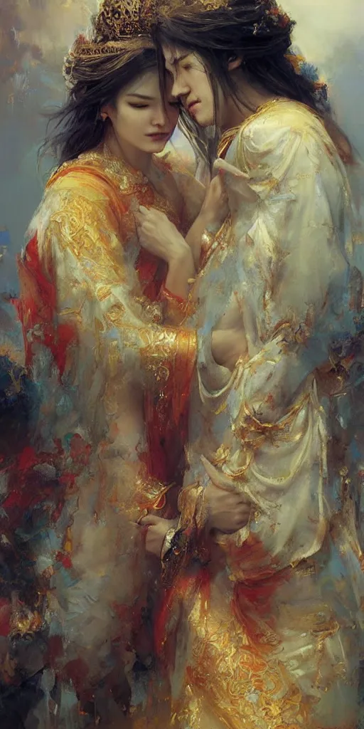 Image similar to greeting card, love, 2 beautiful royal gods, by ruan jia, warm colors, cozy