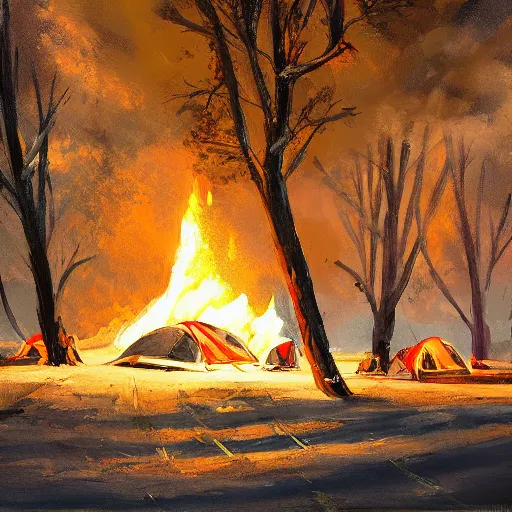 Image similar to a camp with tents on fire, burning down, shadows of 3 girls watching the camp burn, snow, painted by Sylvain Sarrailh