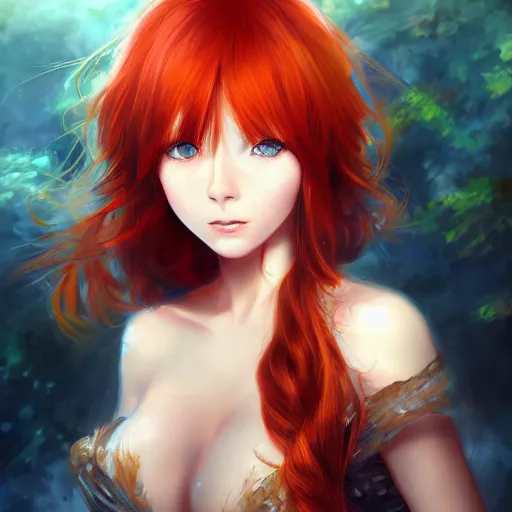 Image similar to portrait of a beautiful cute redhead from anime with big blue eyes, fantasy, intricate, elegant, highly detailed, digital painting, artstation, concept art, smooth, sharp focus, illustration, landscape on background