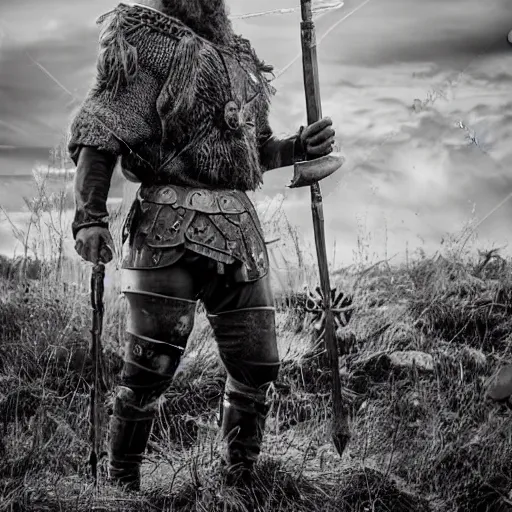 Prompt: viking in war armor working on the flying ancient device, tools and junk on the ground, old village in the distance, vintage old photo, black and white, sepia