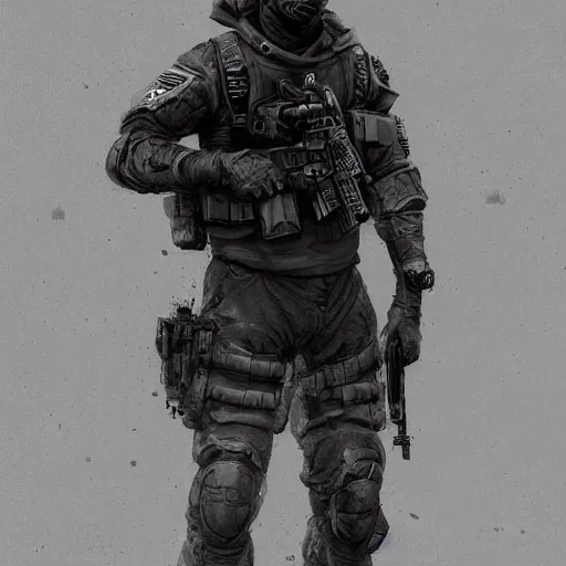 Image similar to Anguished Mercenary Special Forces soldier in grey uniform with black armored vest in 2020, by Cedric Peyravernay, highly detailed, excellent composition, cinematic concept art, dramatic lighting, trending on ArtStation