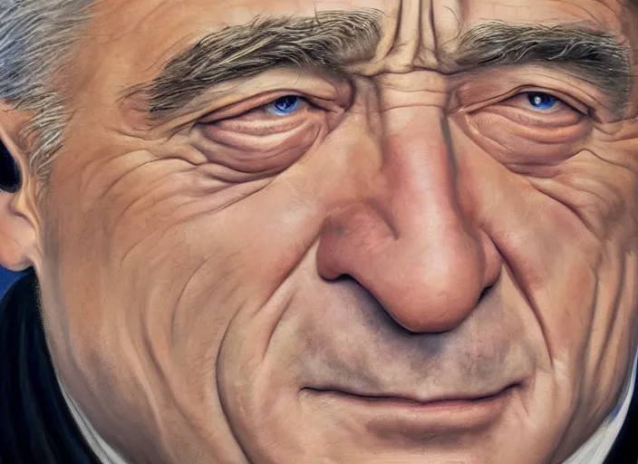 Image similar to a hyper-detailed oil painting of Robert DeNiro; an extraordinary masterpiece!!!; flawless; photorealistic; trending on artstation; f/1.4; 90mm