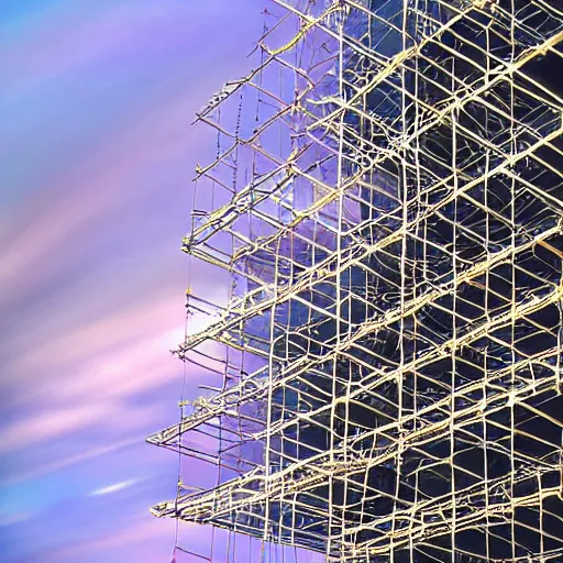 Image similar to Complex scaffolding above pastel colored clouds, digital art