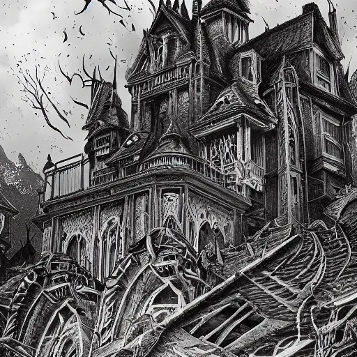 Prompt: black and white art deco style ink drawing of detailed the huge haunted house on the edge of a hill , highly detailed, fantasy art, in the style of greg rutkowski, epic, fantasy, intricate, hyper detailed, artstation, concept art, smooth, sharp focus, ray tracing