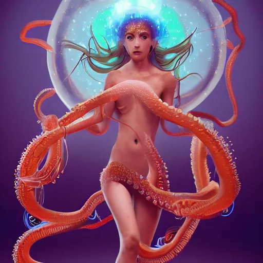 Image similar to Full body photo of the most beautiful goddess, she has a jellyfish-phoenix head's and a siren body, some tentacles are touching her by Tooth Wu, trending on Artstation, digital art, symmetrical artwork, cinematic, hyper realism, high detail, octane render, 4k, 8k