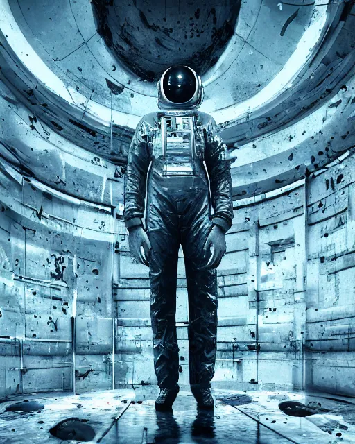 Image similar to brutalist construction with organic fluid metal parts floating in void hallucinating, an astronaut covered with black sticky extraterrestrial fluid, creative VFX, no text, rendered with octane, hyper realistic, hyper detailed, surreal, futuristic, volumetric light, 8k