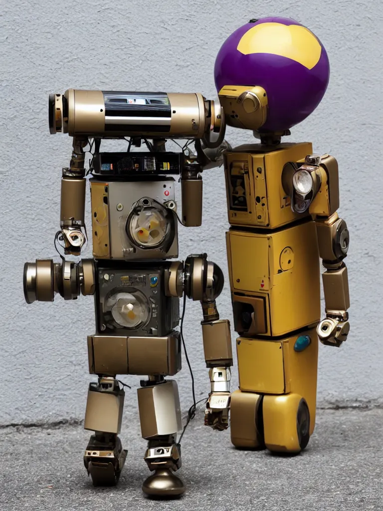 Image similar to an earth - tone robot with a ghettoblaster boombox for a head, wooden body, sleek, surreal, cool, retro, 1 9 9 0 s vibe, country road, one purple balloon