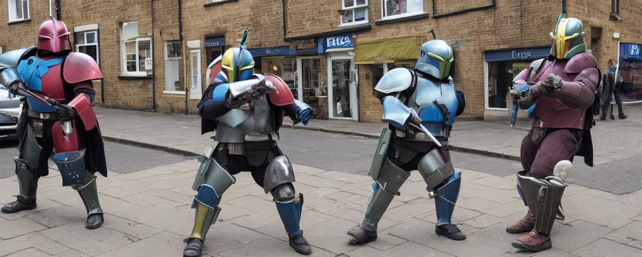 Prompt: two overweight mandalorians duelling on the streets of Rochester England with toilet plungers
