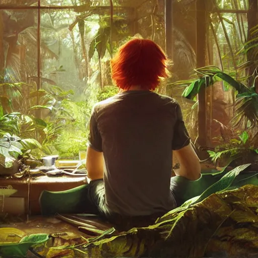 Image similar to a red-haired long-haired teenage boy sitting at a computer, jungle around him, painting by Greg Rutkowski, smooth sharp focus, point of view from behind him