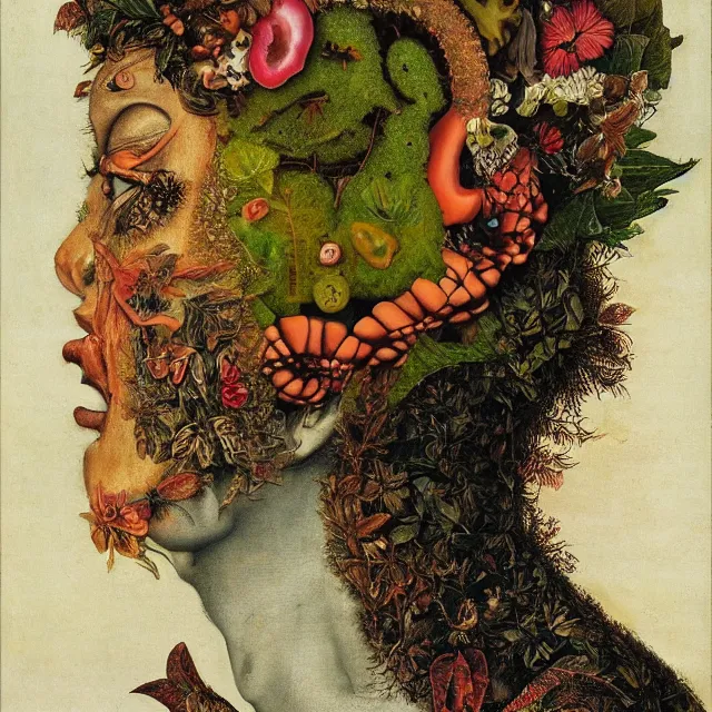 Image similar to profile portrait of a woman, leaves, by giuseppe arcimboldo,, psychedelic, surreal, sci - fi, dreamlike.