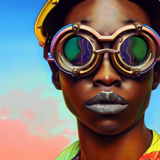 Image similar to colourful vfx upper half - portrait - art of a nigerian boy wearing steam punk goggles, art by alphonse mucha & james jean, digital render, digital illustration, concept art, caricature, volumetric light, ray tracing, symmetrical, unreal engine, octane 3 d render, sharp, detailed, intricate detail, pinterest, behance, art station,