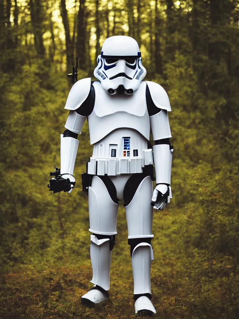 Image similar to “still of a stormtrooper with colors and markings of R2-D2, standing in the forest, golden hour, high quality, sigma 55mm, full body shot”