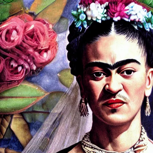 Image similar to Ultra realistic close-up of Frida Kahlo in a wedding dress rock climbing, hd