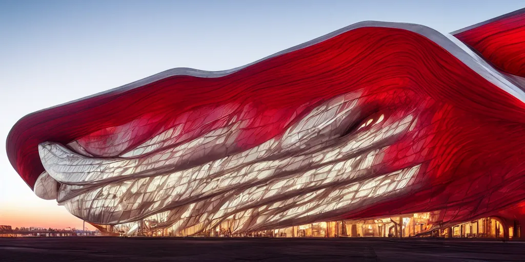 Image similar to extremely detailed ornate stunning sophisticated beautiful elegant futuristic museum exterior by Zaha Hadid, stunning volumetric light, stainless steal, concrete, translucent crimson red material, beautiful sunset, tail lights