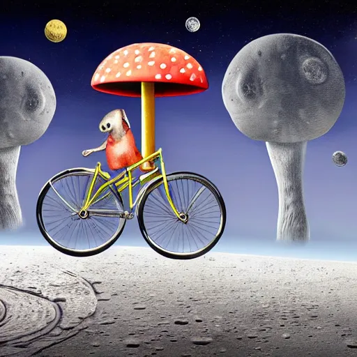 Prompt: a stainless steel bike, with swiss cheese wheels, there is a rat cycling on the surface of the moon and, drives away from a huge dangerous mushroom, explosion clouds. photorealistic