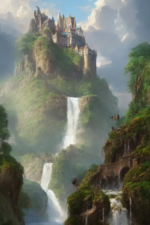 Prompt: a beautiful digital painting of a castle carried by gigantic human statues, huge waterfalls, lovely valley by James Gurney, by Greg Rutkowski, concept art, octane render, trending on artstation, 8k