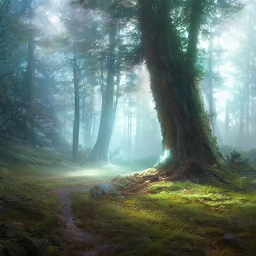 Image similar to beautiful landscape of a mystical forest clearing, oil painting, Artgerm, Charlie Bowater, Greg Rutkowski, noon glow, unreal 5, DAZ, hyperrealistic, octane render, RPG landscape, dynamic lighting, fantasy art, beautiful landscape