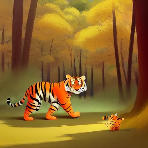 Image similar to goro fujita ilustration a cute tiger walking in the forest, painting by goro fujita, sharp focus, highly detailed, artstation