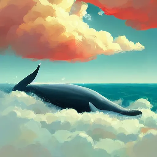 Image similar to digital painting, whale flying clouds, trending on artstation, by artem rhads chebokha