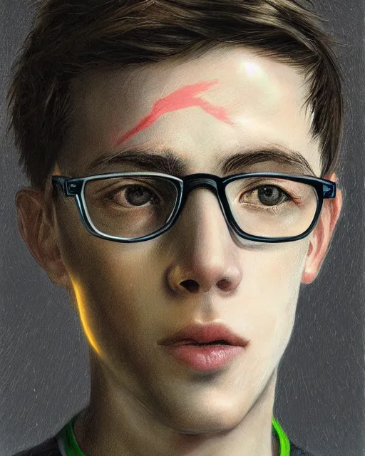 Prompt: portrait of 1 7 - year - old boy thin face, black hair, and bright green eyes. wearing round glasses held together with a lot of scotch tape. a very thin scar on his forehead that is shaped like a bolt of lightning, hyper realistic face, beautiful eyes, fantasy art, in the style of greg rutkowski, intricate, hyper detailed, smooth