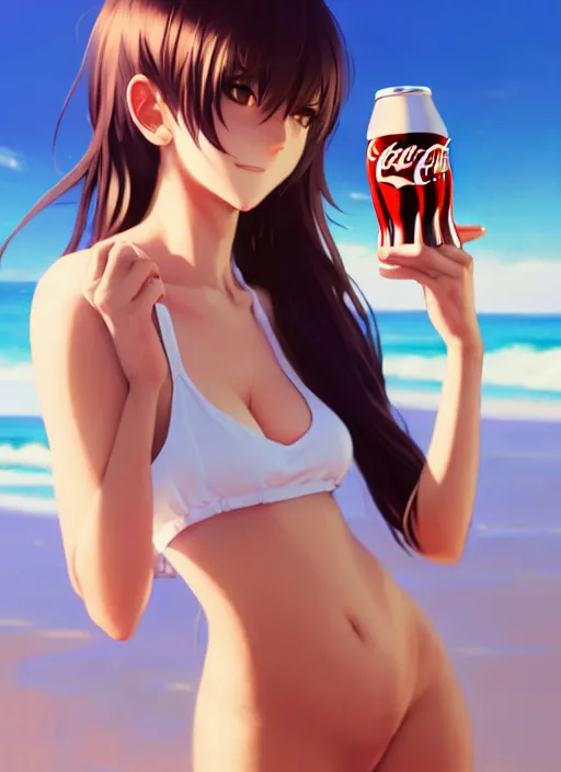 Image similar to full body picture of a extremely beautiful and attractive and cute and aesthetic girl drinking a coke, highly detailed face, very thirsty, dripping on the body, sharp focus, shiny day on the beach, specular reflection, occlusion shadow, trending on artstation, epic light novel cover art, art by ilya kuvshinov and sakimichan and jeremy lipking