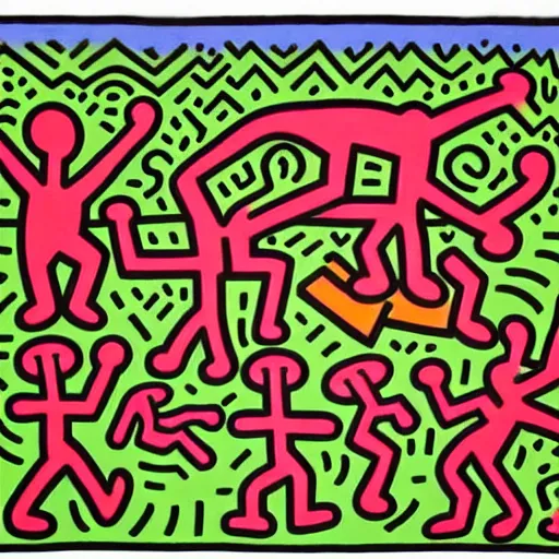 Prompt: garden of early delights painted by keith haring