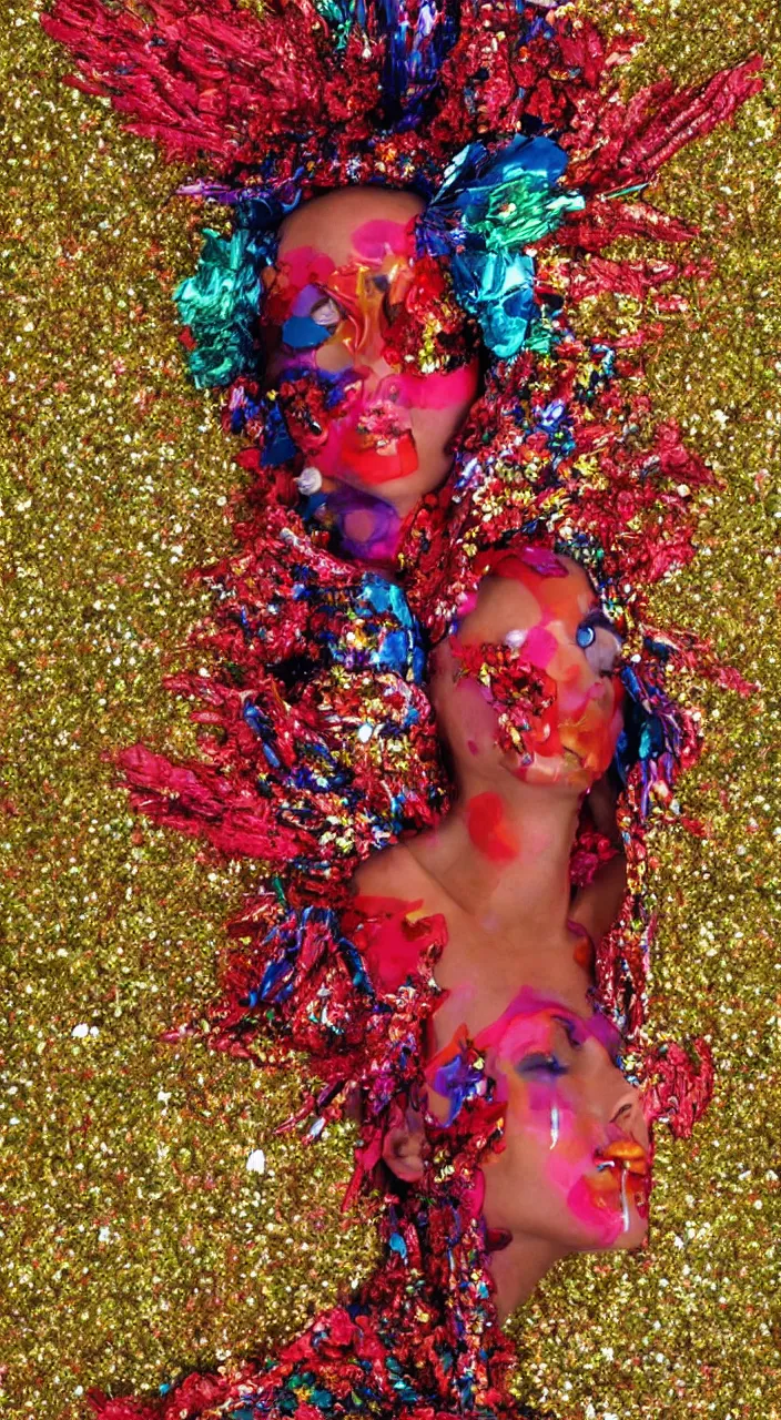 Prompt: a colorful vibrant fashion shoot, woman wearing a red sequined bodysuit, acid hallucinations floating around their head, alexander mcqueen headdress with beads, by kawase hasu, moebius