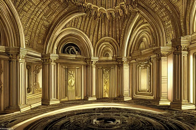 Prompt: opulent sci fi palace interior huge arched windows in the style of piranesi visionary art