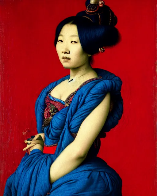 Prompt: photo-realistic portrait of an asian woman with blue hair buns, wearing a neon red dress by Vivienne Westwood, intricate details, masterpiece, in the style of Jean Auguste Dominique Ingres, black background