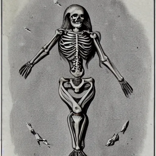 Prompt: anatomically correct skeleton of a mermaid, encyclopedia graving