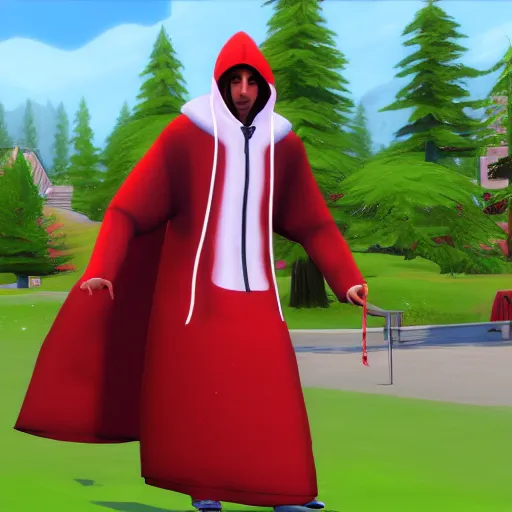 Prompt: a red hooded wizard holding a bell in sims 4 screenshot