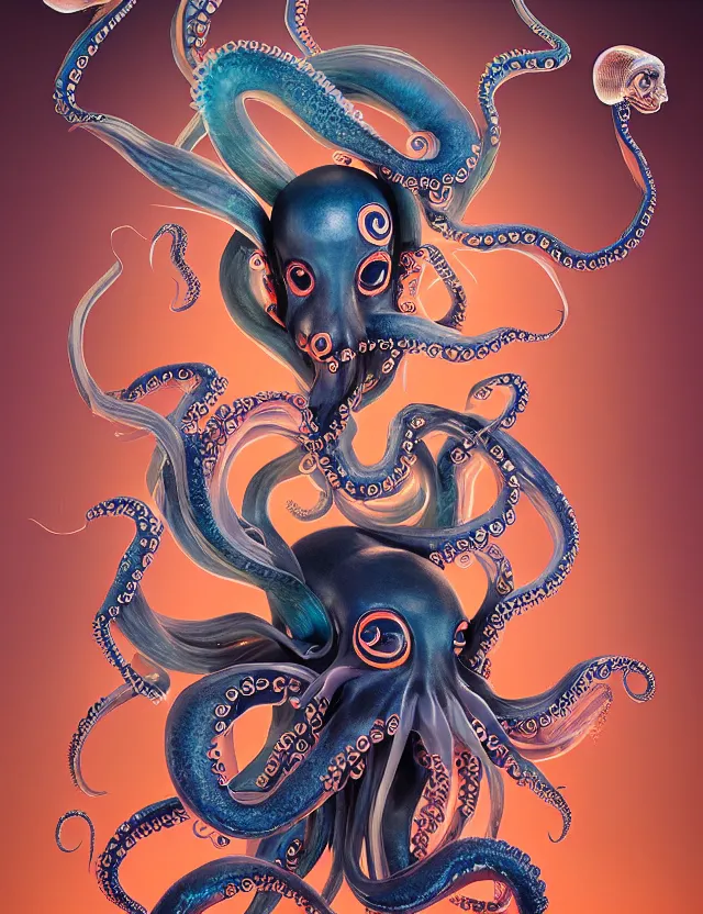 Image similar to 3 d goddess octopus half - turn portrait with long hair with ram skull. beautiful intricately detailed japanese crow kitsune mask and clasical japanese kimono. betta fish, jellyfish phoenix, bio luminescent, plasma, ice, water, wind, creature, artwork by tooth wu and wlop and beeple and greg rutkowski