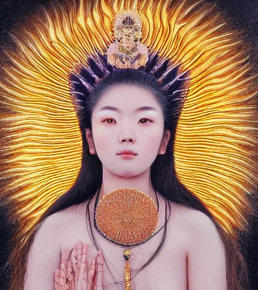 Image similar to hyper realistic portrait photo of beautiful ameterasu the sun goddess of japan, japanese model, portrait shot, intricate detail, glittering sun rays