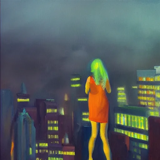 Image similar to “ a girl looking down at a futuristic new york city below, ghostpunk, neon lights, fog, storm clouds, rain, detailed face, oil painting, by edward hopper ”