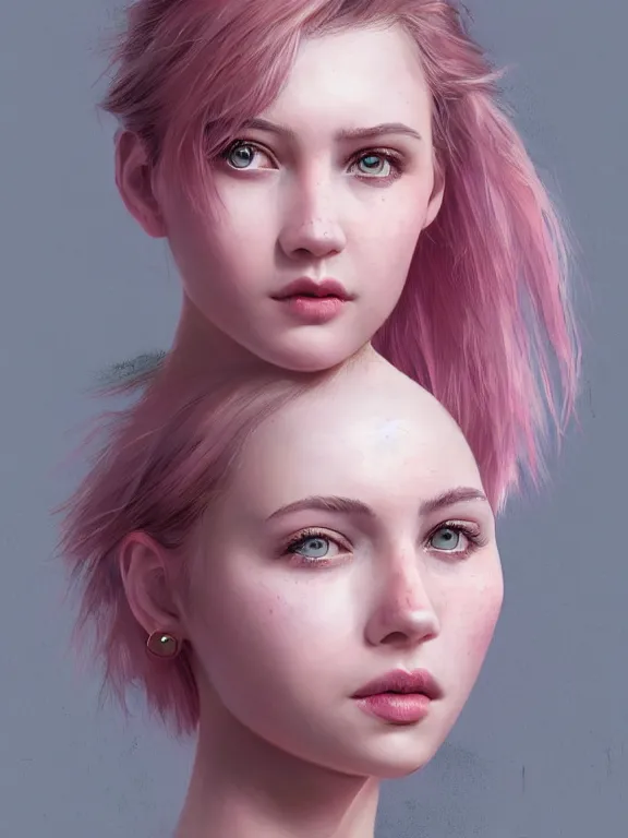 Prompt: beautiful russian girl with short pink hair and nose piercing, pink eye liner, thin round earrings, winds of winter, au naturel, hyper detailed, digital art, trending in artstation, cinematic lighting, studio quality, smooth render, octane rendered, concept art, sharp focus, illustration, art by artgerm and greg rutkowski and wlop