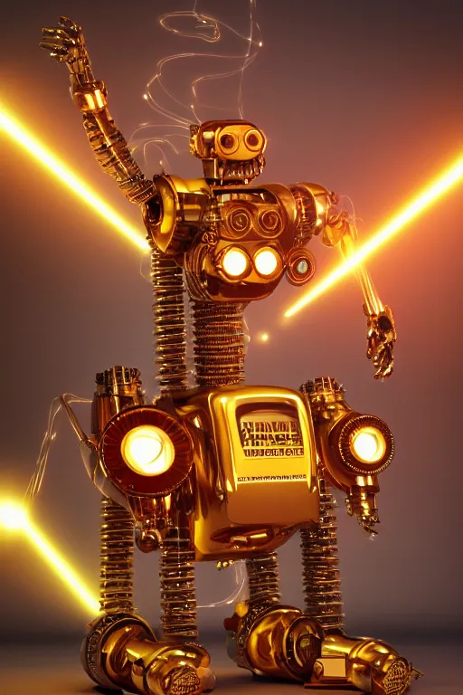 Image similar to portrait photo of a giant huge golden and blue metal humanoid steampunk robot singer with headphones and big gears and tubes, robot is falling apart, eyes are glowing red lightbulbs, shiny crisp finish, 3 d render, 8 k, insaneley detailed, fluorescent colors, background is multicolored lasershow