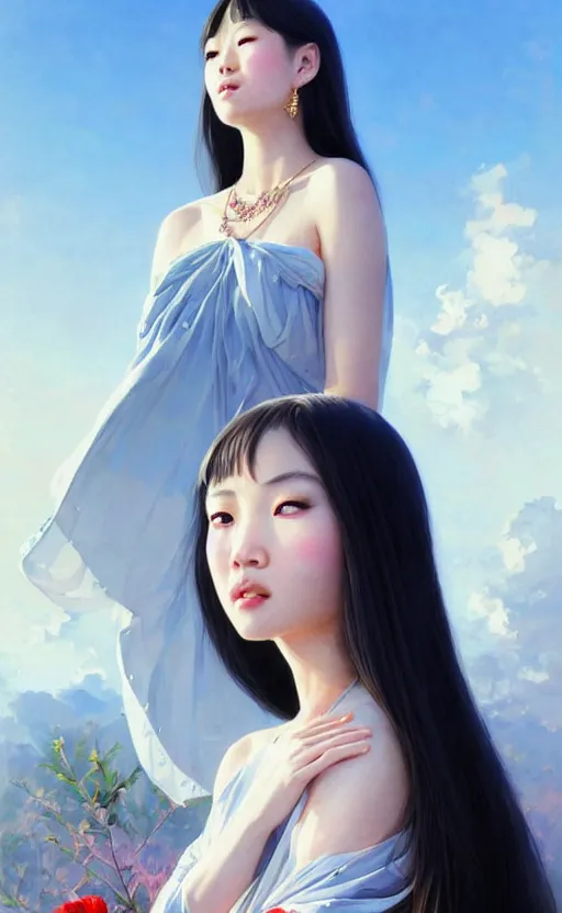 Image similar to a beautiful young charming asian goddess with sundress + jewelry + shinny eyes | | winter, symmetric, realistic shaded, unpleasant face, good looking, fine details, dior, lv, realistic shaded lighting poster by greg rutkowski, macoto takahashi, magali villeneuve, artgerm, jeremy lipkin and michael garmash