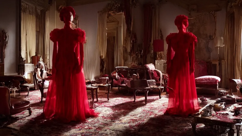 Image similar to a woman made of rubies stands in the living room, film still from the movie directed by Denis Villeneuve with art direction by Salvador Dalí, wide lens, 4K, realistic