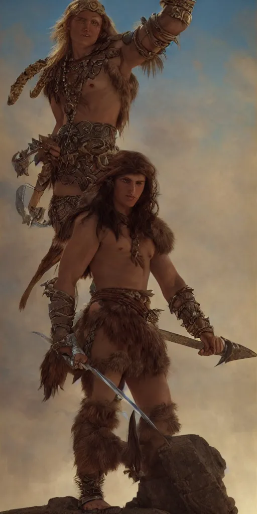 Image similar to a young kirk douglas as a barbarian, beautiful fantasy maiden, dungeons and dragons, masterpiece by edgar maxence and ross tran and michael whelan, gustav dore, 8 k, octane render