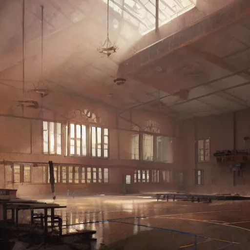 Prompt: school gymnasium, matte painting by greg rutkowski, artstation