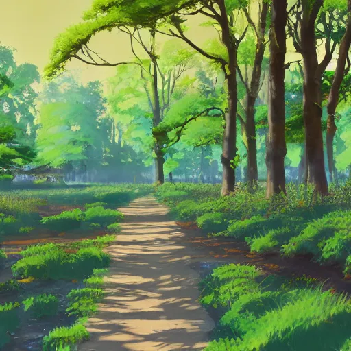 Prompt: deep muddy forest on a sunny day walkway panorama, blooming, very traditional gouache painting by makoto shinkai disney pixar