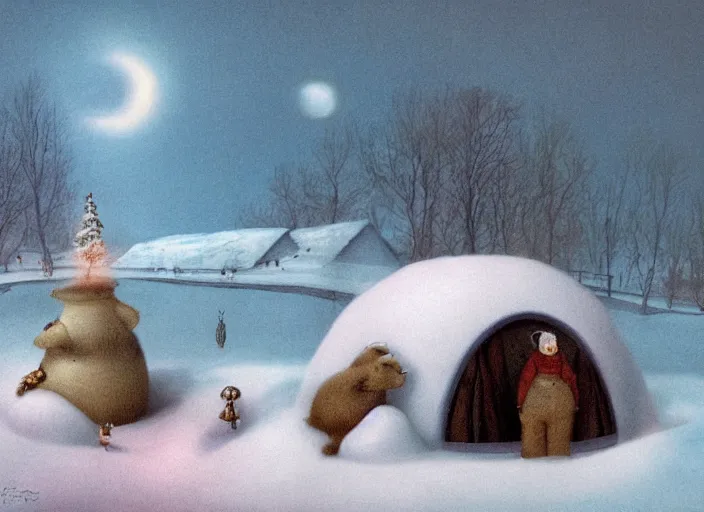 Image similar to an igloo with a chimney, walrus, polar bear, sleigh dogs, fish, giraffe, lowbrow in the style of mark ryden and john bauer,