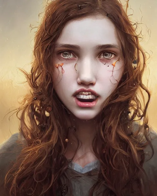 Image similar to portrait of 1 5 - year - old girl with voluminous bushy brown hair, large front teeth, and bright piercing brown eyes, hyper realistic face, beautiful eyes, fantasy art, in the style of greg rutkowski, intricate, hyper detailed, smooth