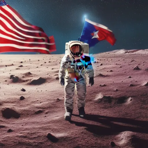 Image similar to A hyper real comic book style portait painting of an astronaut riding a horse on the moon, flag of Chile on his cloth, unreal 5, hyperrealistic, octane render, cosplay, RPG portrait, dynamic lighting